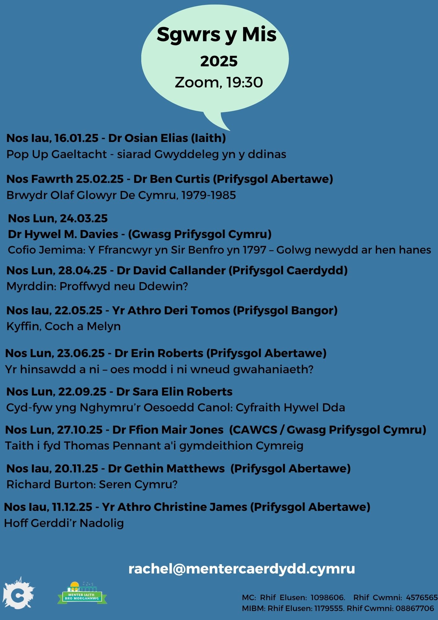 Monthly Zoom Talks in Welsh - 2025